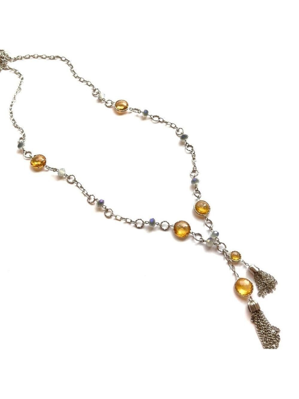 LOFT Silver Tassel Station Necklace | Yellow Crystals & Iridescent Beads | NWT